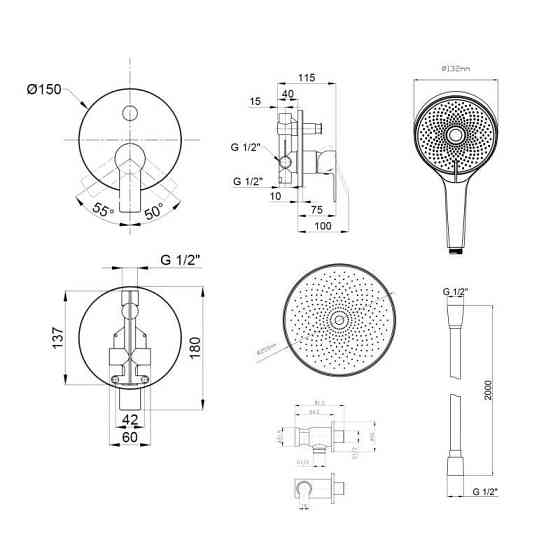 Комплект для душу Qtap Chrome: Змішувач QTUST6216107ODC + Лійки (QTRUC125CRM45952,QTHLA107CRM45948) + Шланг Київ
