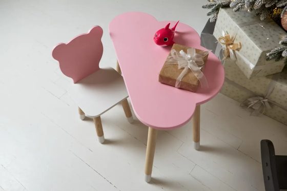 Дитячий комплект столик Хмарка (Рожевий) та стільчик Ведмедик (Рожевий з білим) Київ