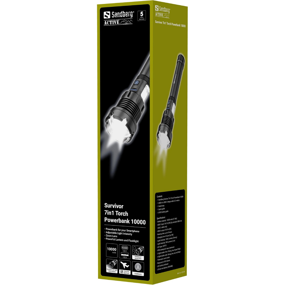 Ліхтарик-повербанк Sandberg Survivor 7 in 1 Torch Powerbank 10000 mAh XHP70 LED USB-C 5W Вінниця - фото 6