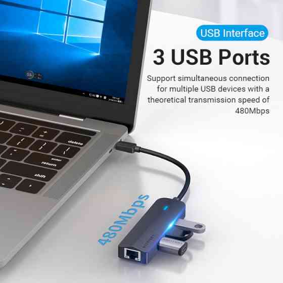 USB-хаб Vention USB-C to USB 3.0*3/RJ45/Micro-B HUB 0.15M Black ABS Type Киев