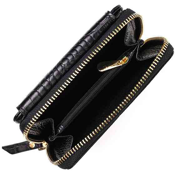 Компактний жіночий гаманець з місткою монетницею на блискавці з натуральної шкіри Чорний (Tony Bellucci) Київ