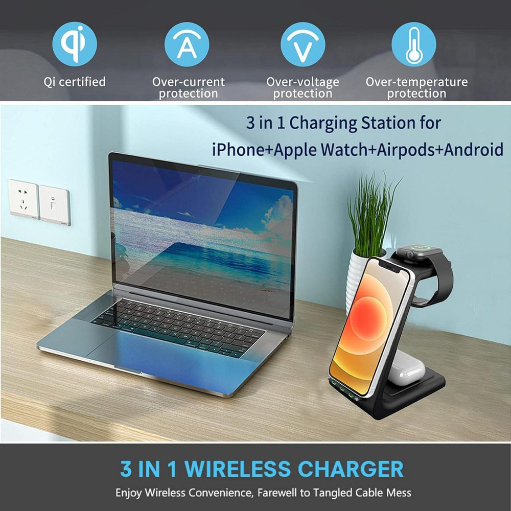 Бездротова зарядка стенд 3в1 Fast 15W iPhone+Apple Watch+AirPods Чорна Київ - фото 2