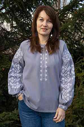 Вышиванка женская с длинным рукавом натуральная льняная, серая  топ Киев