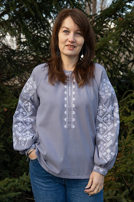 Вишиванка жіноча з довгим рукавом натуральна лляна, сіра топ Київ - фото 5
