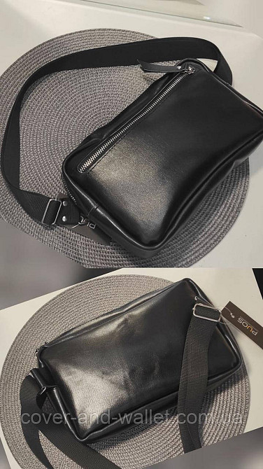 Мужская сумка бананка слинг из натуральной гладкой кожи черного цвета PS Leather Киев - изображение 2