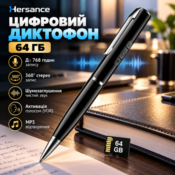 Цифровий диктофон Hersance 64 ГБ, 360° стерео, шумозаглушення, активація голосом, до 36 год, MP3 Київ