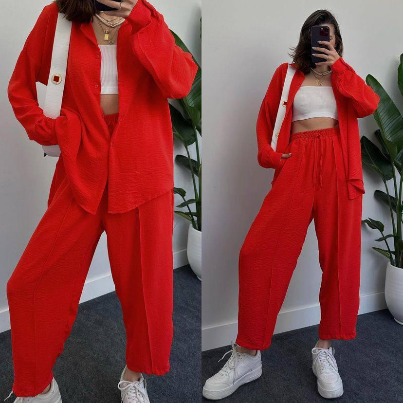 Жіночий легкий брючний костюм-двійка: сорочка та штани американський креп Червоний, 44/46 Одеса - фото 1