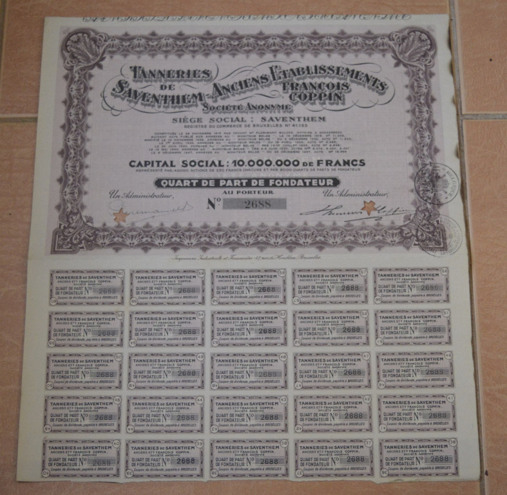 Акция.Tanneries de Saventhem - Anciens.... Бельгия. 1941 год №2688 (1.80) Полтава - изображение 1