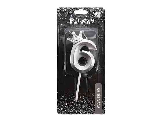 Свеча-цифра 6 6см серебро 3D с короной арт.863116 ТМ PELICAN Киев