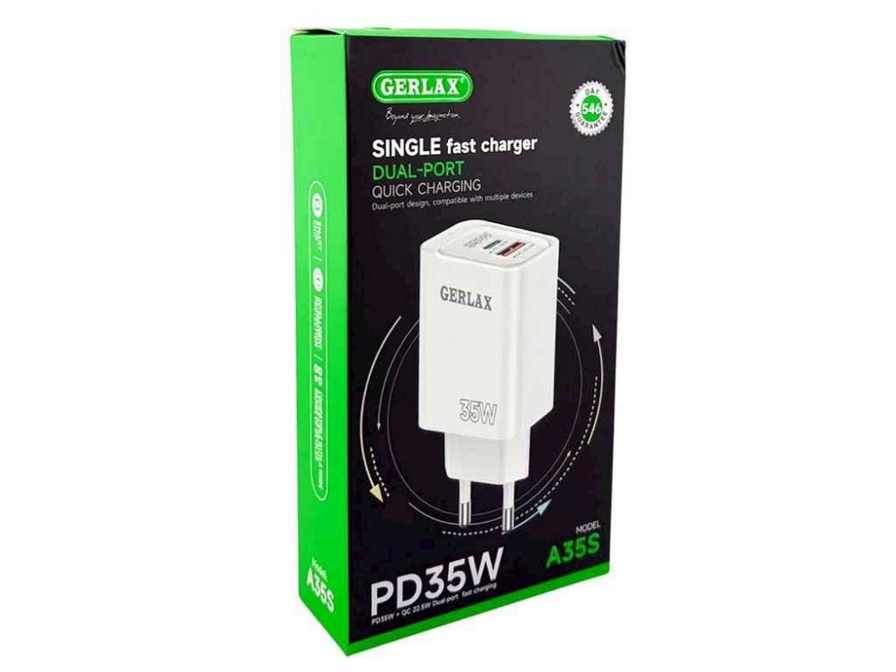 Мережевий зарядний пристрій USB A35S 3A 1USB PD35W QC3.0 білий ТМ GERLAX Київ - фото 1