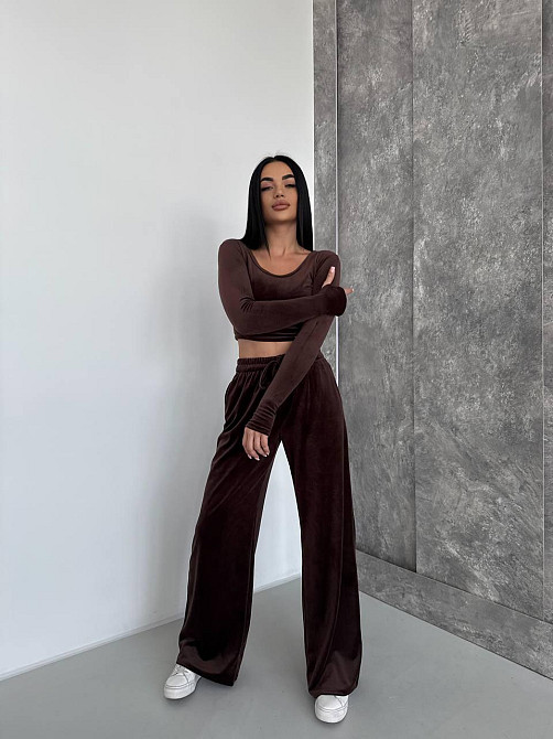 Женский прогулочный костюм двойка: лонгслив и штаны велюр Шоколад, 42/44 Одесса - изображение 3