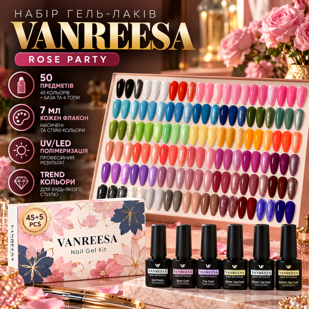 Набір гель-лаків VANREESA 50 шт, 45 кольорів по 7 мл, база + 4 топи, UV/LED, Rose Party Київ - фото 1