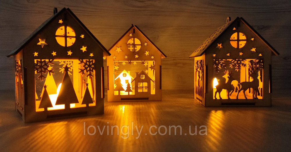 Праздничный домик-ночник из дерева с LED подсветкой 13 см - идея для подарка Ирпень - изображение 3