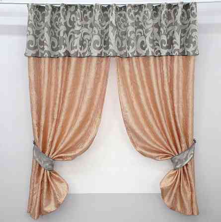 Кухонні штори VR-Textil № 073к з ламбрекеном і підхватами персиковий з сірим 270х170 см (52-0144) Київ