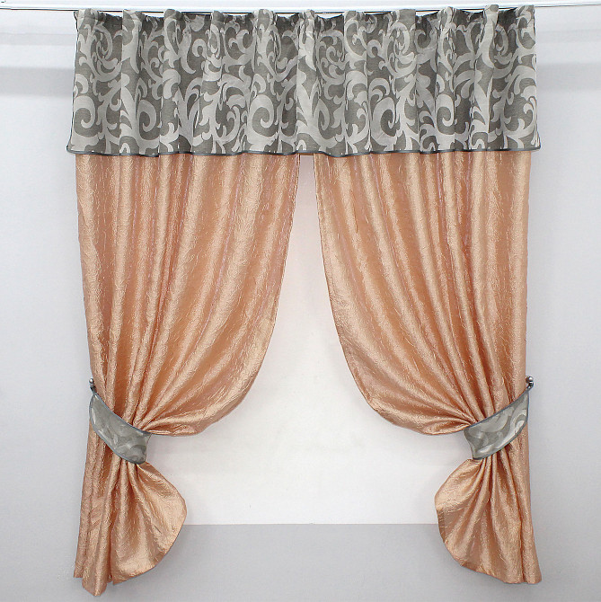 Кухонні штори VR-Textil № 073к з ламбрекеном і підхватами персиковий з сірим 270х170 см (52-0144) Київ - фото 1