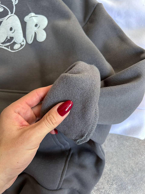 Жіноче тепле затишне оверсайз худі з вушками тринитка на флісі та хутро Сірий Одеса - фото 2