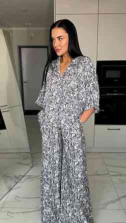 Женский легкий принтованный прогулочный костюм двойка: платок, рубашка и брюки из натурального штапеля Черный Одесса