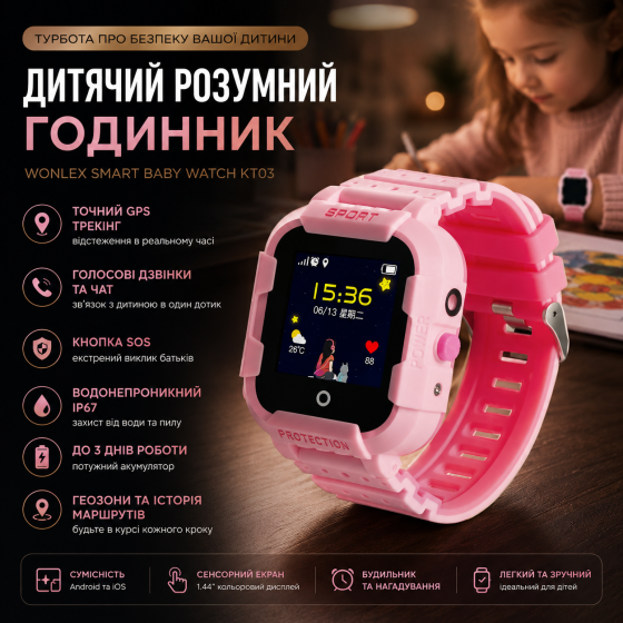 Дитячий розумний годинник Wonlex Smart Baby Watch KT03: GPS, Водонепроникність та повний контроль безпеки Київ
