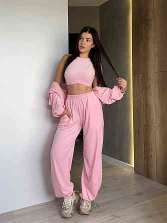 Жіночий прогулянковий костюм трійка: худі топ і штани велюр плюш Одеса