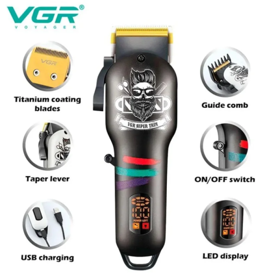 Акумуляторна машинка для стрижки волосся VGR V-699 (2000 мАг, LED-дисплей, 4 насадки, регулювання 0.8-2 мм Одеса