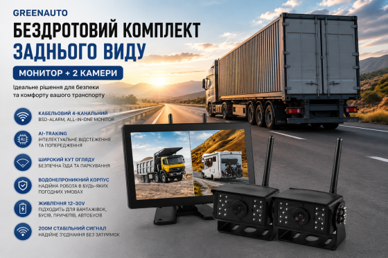 Бездротова система паркування GREENAUTO: 11" IPS монітор + камера 1080P FHD 170°, IP69K, ІЧ-нічне бачення Київ