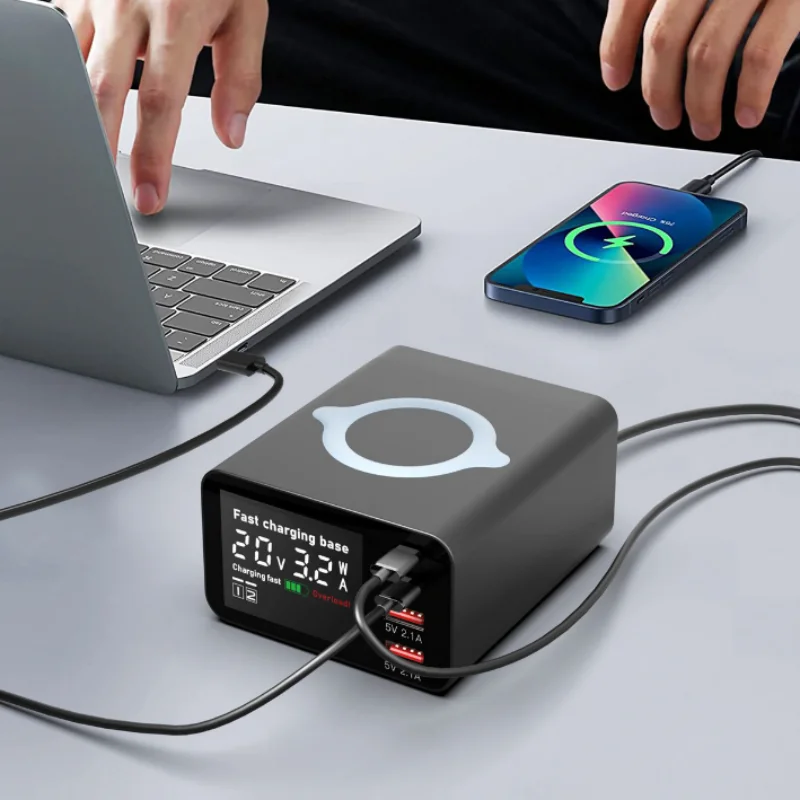 Мережева зарядна станція WLX-X9C 110W з бездротовою зарядкою LCD-екран (2Type-C+2USB) Чорний Вінниця - фото 8