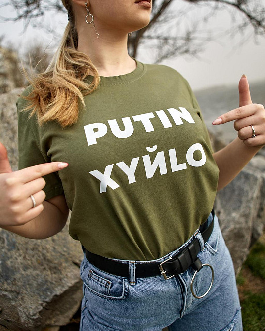 Жіноча патріотична футболка з принтом Путін антивоєнна бавовняна з символікою хакі Одеса - фото 6