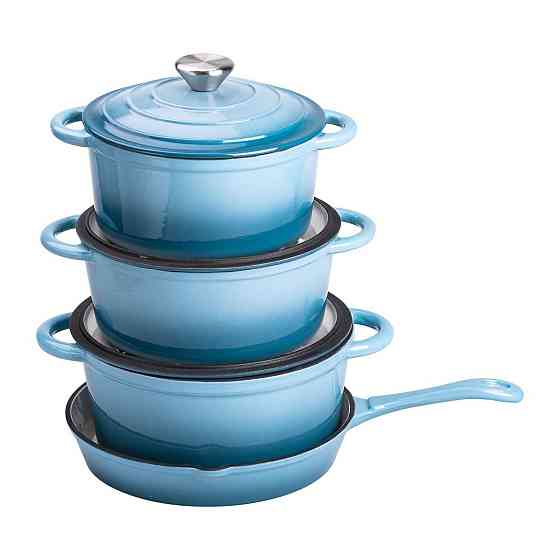 Набір чавунного посуду для приготування 3 каструлі та сковорода з емальованим покриттям Блакитний HP-1-7 Київ