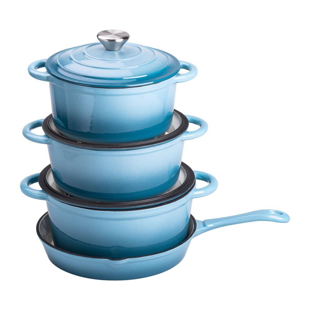 Набір чавунного посуду для приготування 3 каструлі та сковорода з емальованим покриттям Блакитний HP-1-7 Київ - фото 3