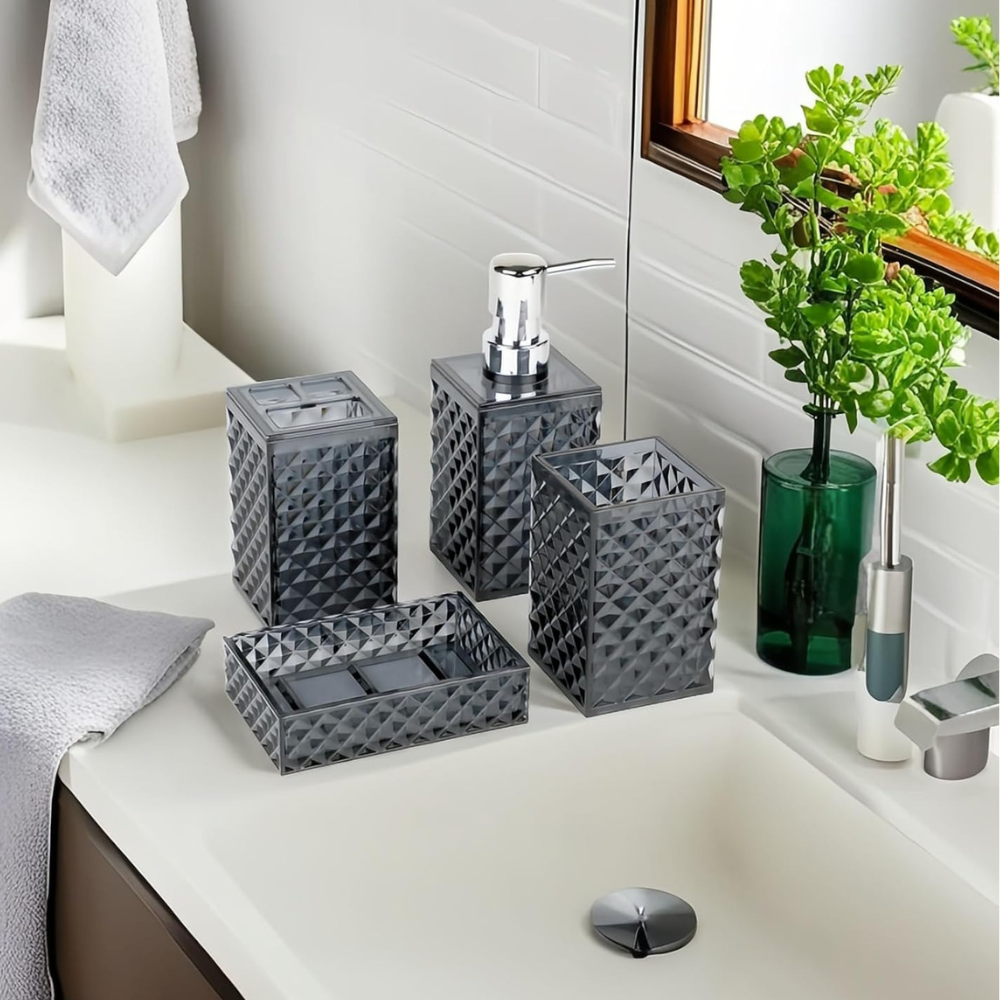 Набор аксессуаров 4в1 для ванной и душа, дозатор для мыла, мыльница, стаканы,материал акрил прозрачно-серый Каменец-Подольский - изображение 4