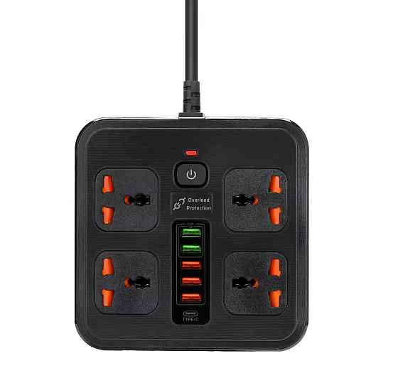 Мережевий фільтр BKL-666 1 QC3.0 + 1 PD20W + 5 USB, 100-250V, 10А, 4 розетки, чорний Кам'янець-Подільський