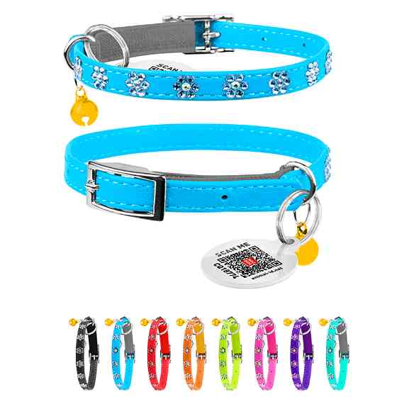 Нашийник WAUCAT Glamour з резинкою, клейовими стразами "Квітка" для котів (ширина 9мм, довжина Коломия