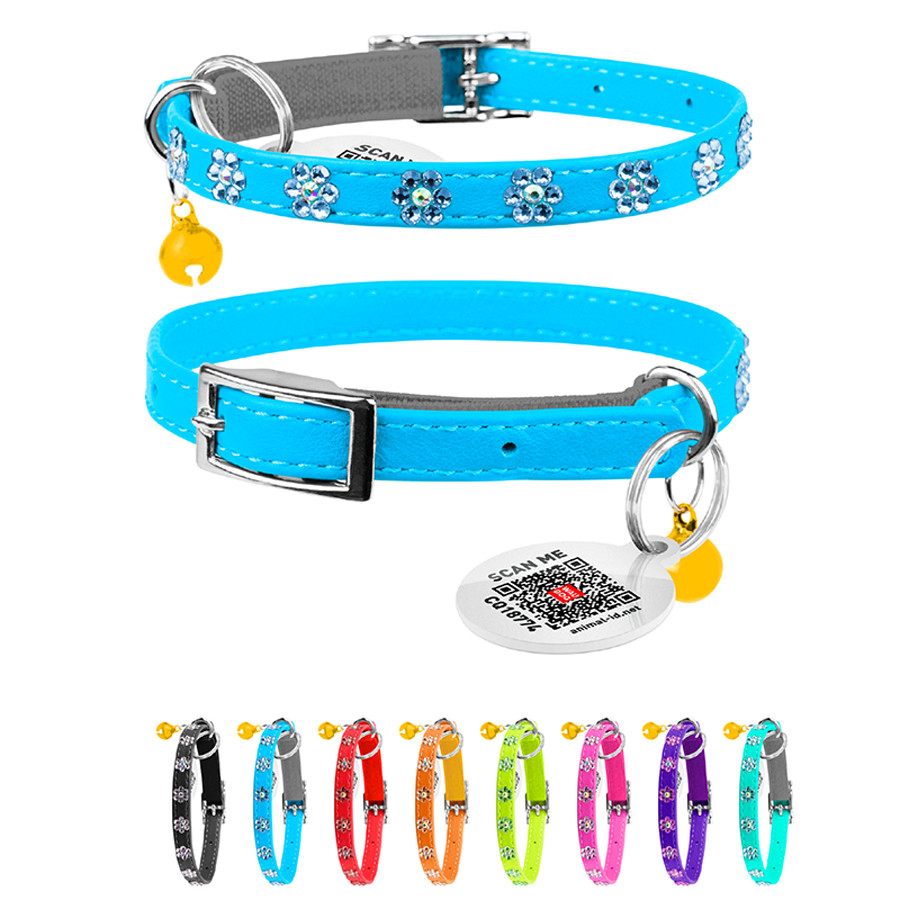 Нашийник WAUCAT Glamour з резинкою, клейовими стразами "Квітка" для котів (ширина 9мм, довжина Коломия - фото 1