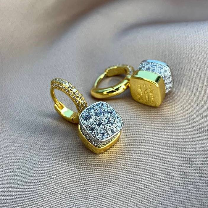 Сережки Помелато позолота з квадратним каменем білого кольору Одеса - фото 3