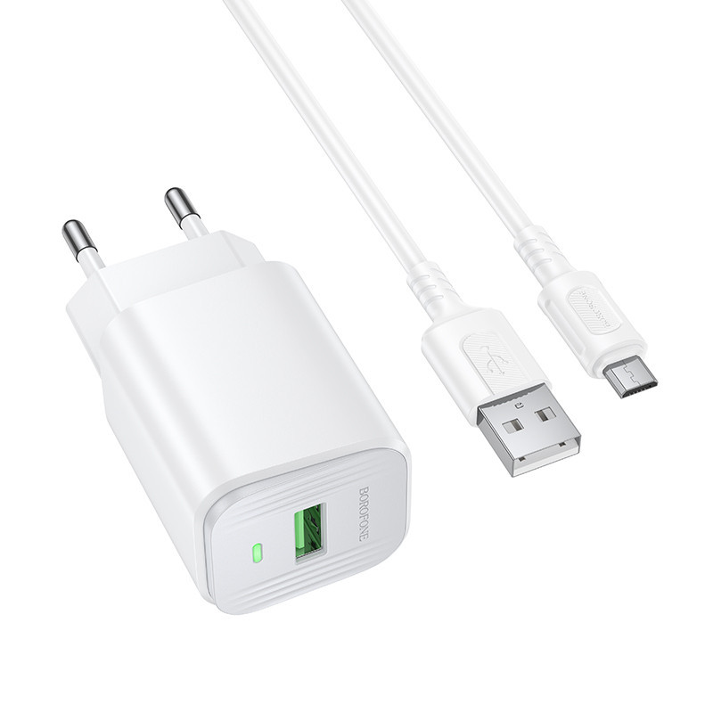Мережевий зарядний пристрій з кабелем BOROFONE BAS82A Star single port QC3.0 charger set (Micro) (EU) White Одеса - фото 3