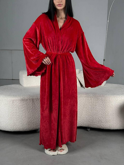 Женский стильный домашний велюровый макси халат плюш велюр Красный, 48/52 Одесса - изображение 1