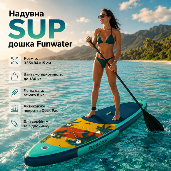 Надувная SUP-доска 335 см: устойчивая, грузоподъемность 180 кг, легкая (8 кг), для прогулок и серфинга Киев