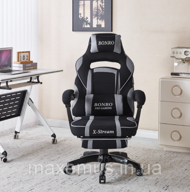 Геймерское кресло B141 с подставкой для ног тканевое компьютерное кресло серое Мостиска - изображение 13