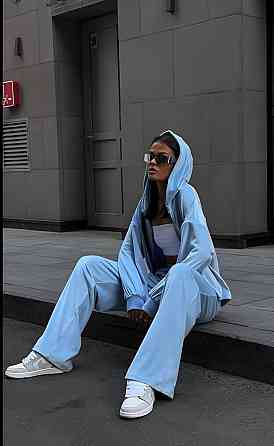 Жіночий прогулянковий костюм-двійка: кофта та штани з плюшевого велюру Блакитний, 46/48 Одеса