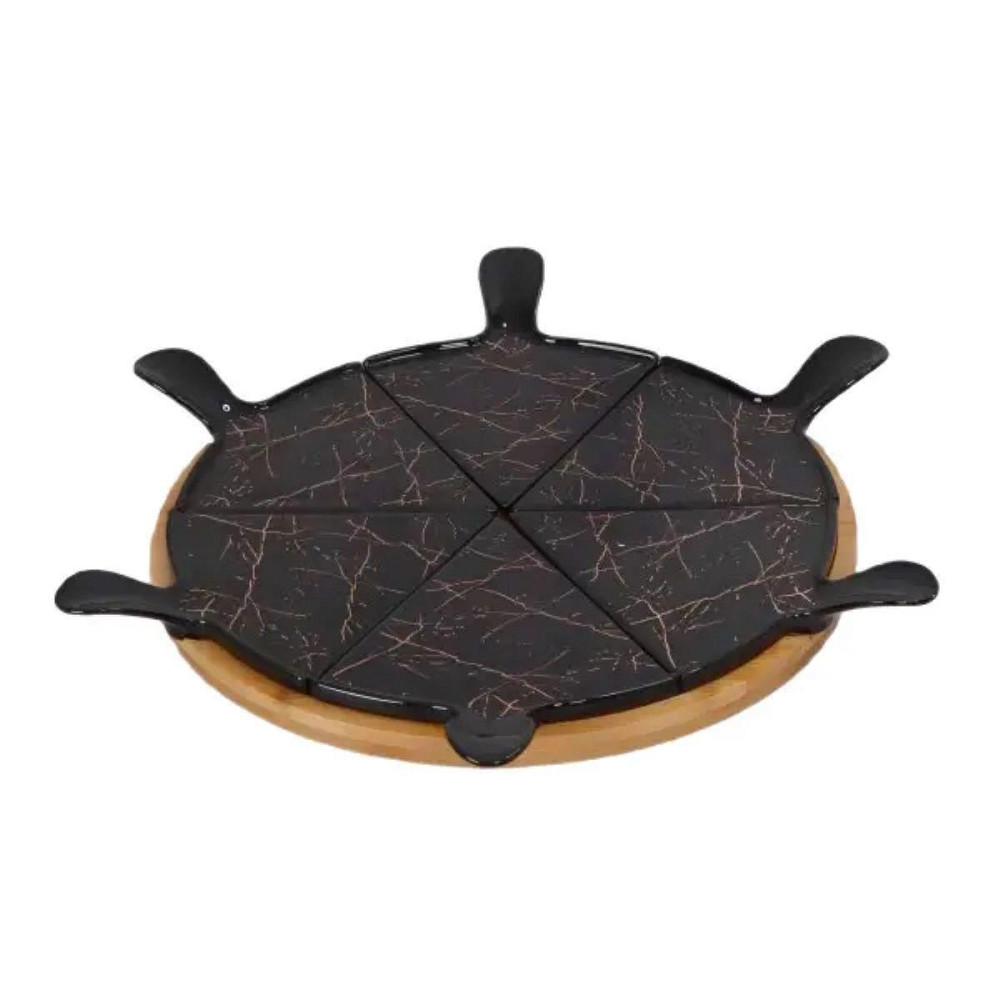 Тарелка для пиццы 28 см фарфоровая с бамбуковой вращающейся подставкой, секционная черная HP1247 Киев - изображение 1