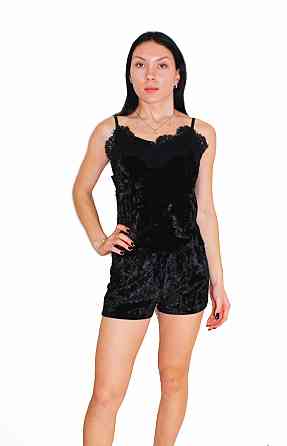 Жіноча піжама майка і шорти з мереживом із мармурового велюру Чорний M Харків