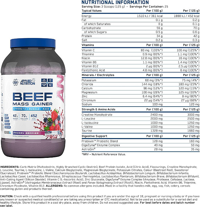 Гейнер Applied Nutrition Beef Mass Gainer 3130 г, FROZEN BERRIES Луцк - изображение 2