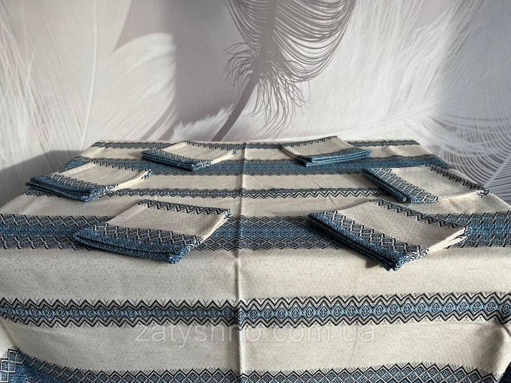 Блакитна вишита скатертина з серветками на льону Київ - фото 6
