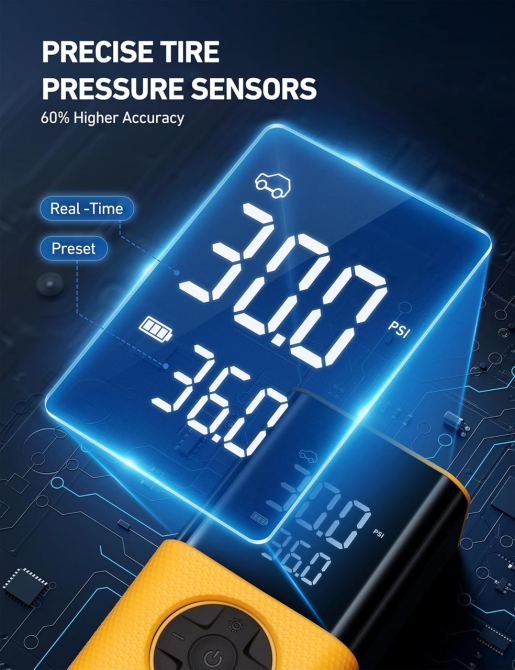 Портативный компрессор AstroAI L7S 150 PSI, 4000 мАч, цифровой манометр, автостоп, LED, 5 режимов, желтый Киев - изображение 7