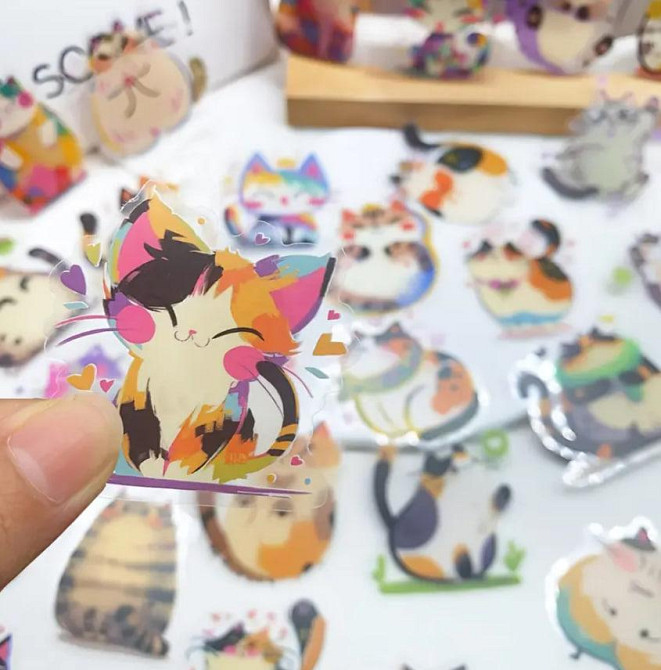 Мультяшные милые кошки, водонепроницаемые виниловые прозрачные наклейки, набор 50 штук. Киев - изображение 7