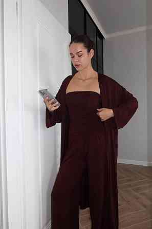 Жіночий базовий костюм-трійка: кардиган топ і штани турецька віскоза Шоколадний Одеса