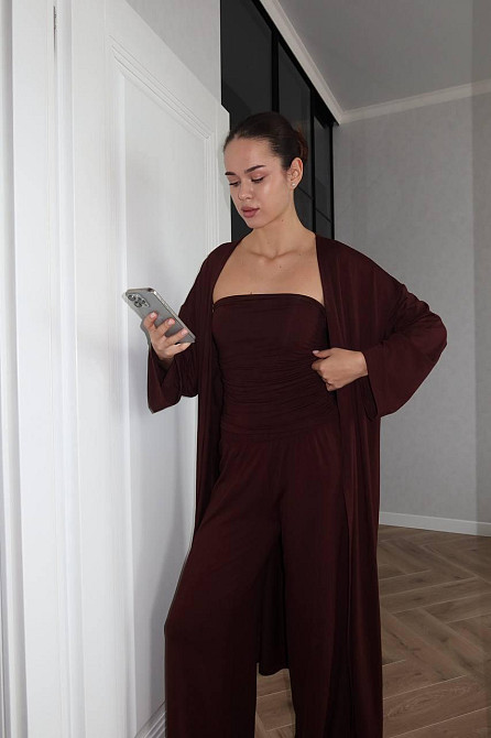 Жіночий базовий костюм-трійка: кардиган топ і штани турецька віскоза Шоколадний Одеса - фото 3