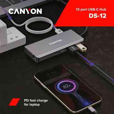 Порт-реплікатор Canyon DS-12, 13 in 1 USB-C hub, 2*HDMI, Gigabit Ethernet, VGA, 3*USB3.0, PD/100W, 3.5mm audio jack (CNS-TDS12) Вінниця