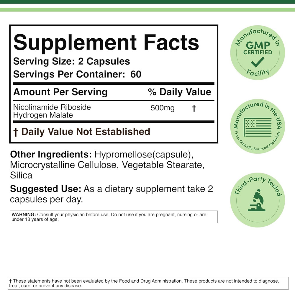 Нікотинамід рибозид малат Double Wood Nutrition Nicotinamide Riboside 500 мг 120 капсул Луцьк - фото 2