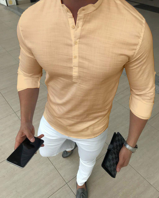 Сорочка чоловіча льон довгий рукав Бежевий S Харків - фото 1